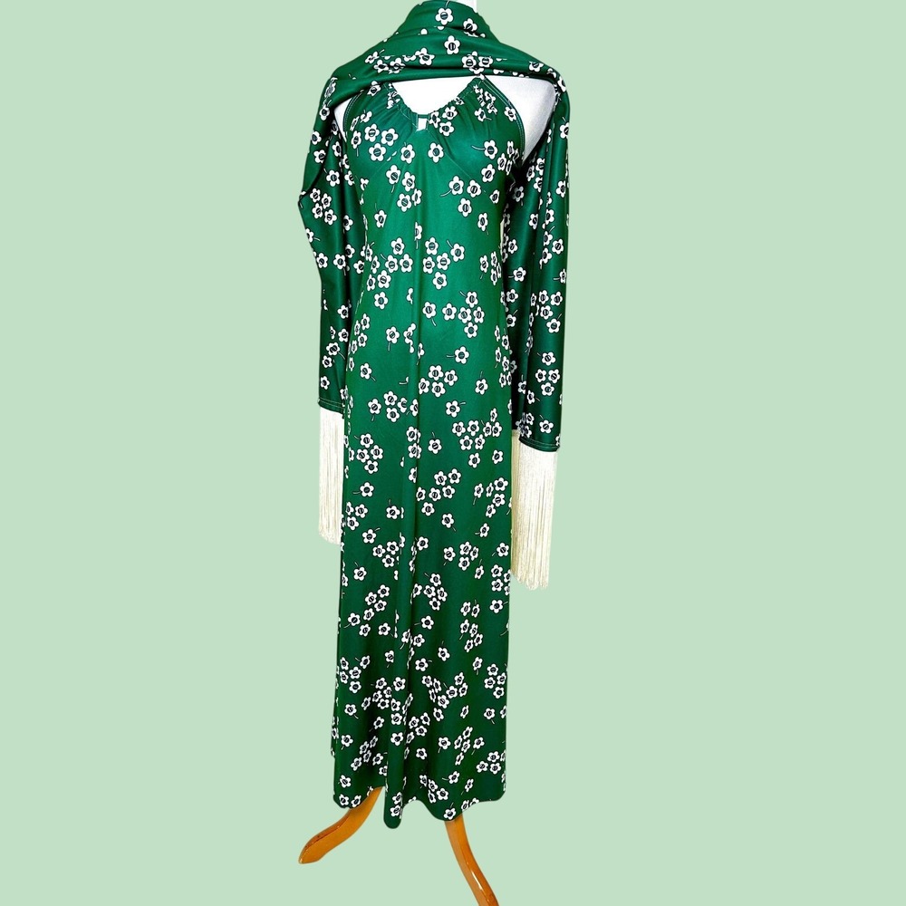 Vintage 1960s 70s Boho Green Floral Halter Maxi Dress /w Fringed Shawl Set XS‎